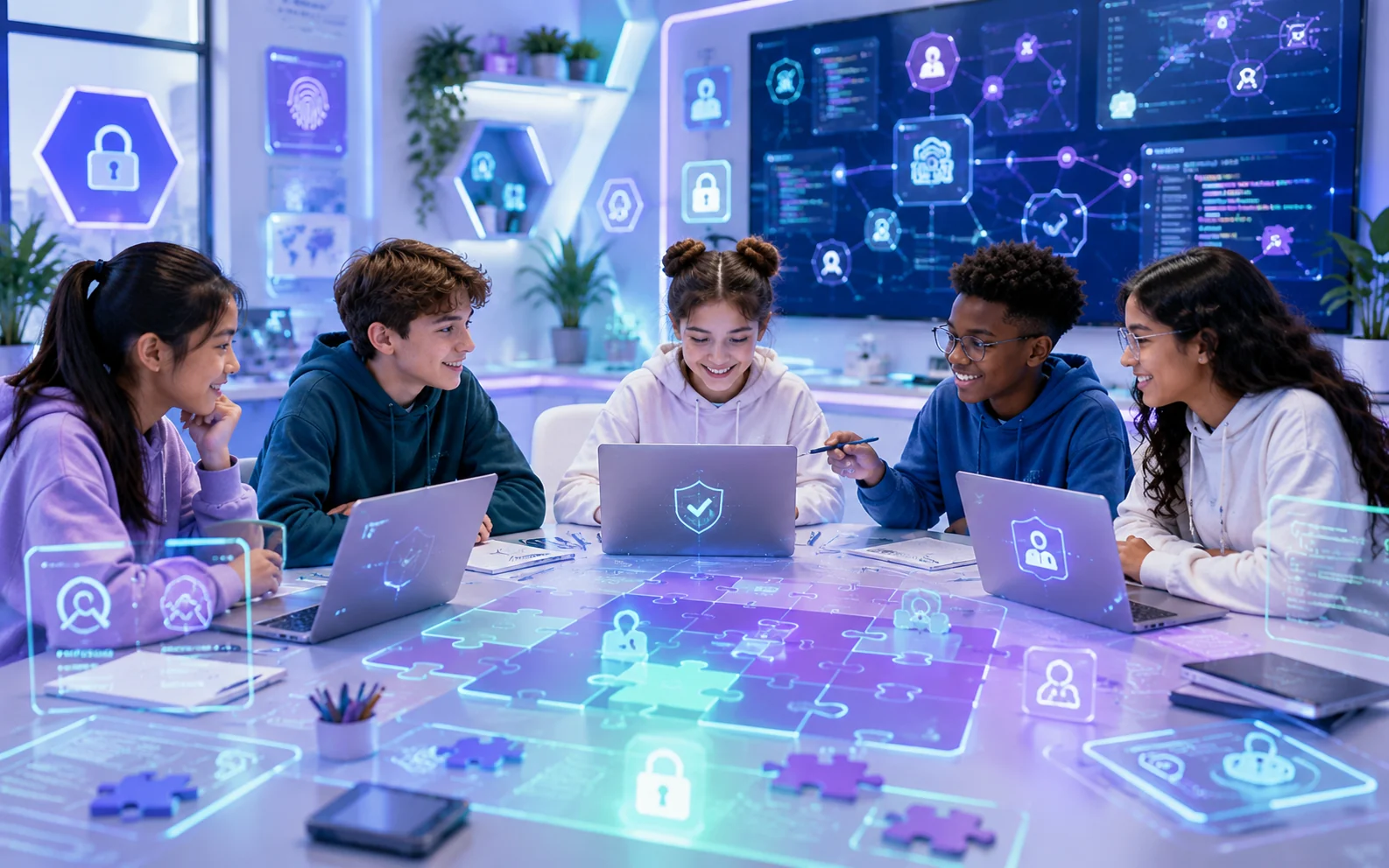 Kids solving cybersecurity puzzles in a safe futuristic lab